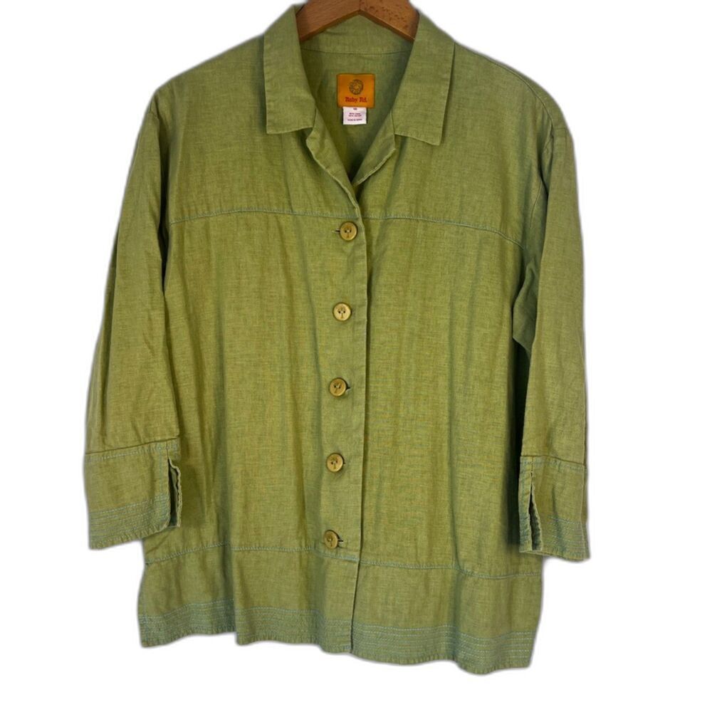 Ruby Rd Green Linenβ Blend Embroidered Trim Button Front Blouse Size 10